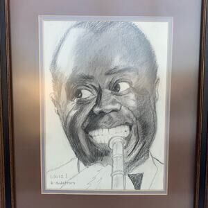 Louis Armstrong Portrait Drawing Wall Art Framed Double Matted